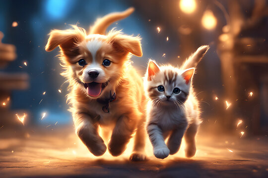 Dog and cat painting. Kitty and puppy are playing together, best friends, cute animals.