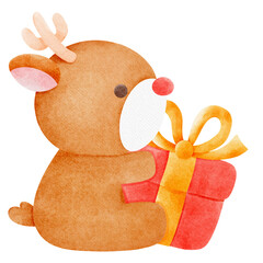 Cute reindeer christmas character and present box watercolor painting