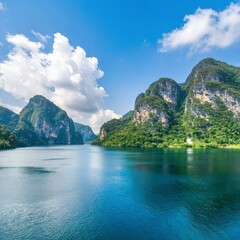 Fototapeta na wymiar Beautiful scene Blue clear water with rock mountain at Ratchaprapa Dam, Suratthani, Thailand