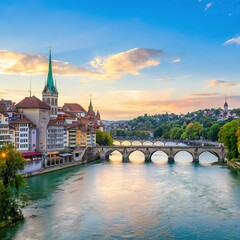 Bern, Switzerland. View of the old city center and Nydeggbrucke bridge over river Aare - obrazy, fototapety, plakaty