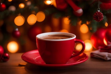 Obraz na płótnie Canvas Red cup of coffee with Christmas decorations background, generative AI