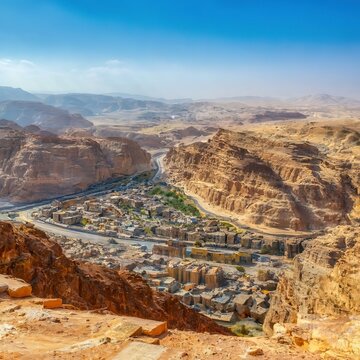 Cityscape view of Wadi Musa town located in southern Jordan and the nearest town to the archaeological site of Petra