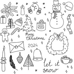 Winter doodle icon set. Wintry Vector illustration collection. Snow Banner Hand drawn Line art style. Big set of Christmas design element in doodle style