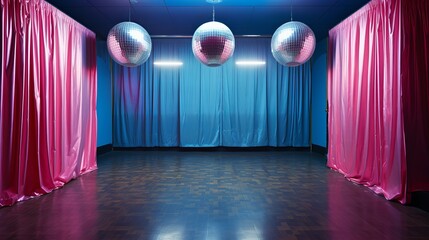 70s disco stage with red curtains - obrazy, fototapety, plakaty