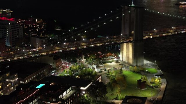 Night aerial video Brooklyn Bridge Park 4k circa 2023