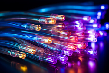Fiber optic cable close-up with colorful lights on black background