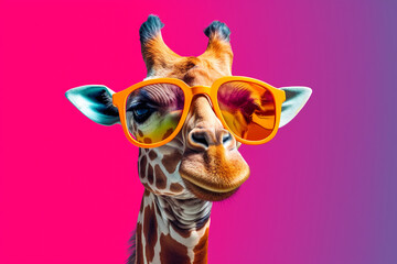 Funny giraffe with sunglasses. Isolated on pink background.