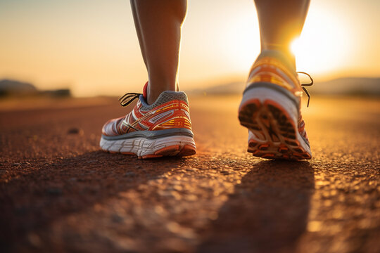 Runner athlete running on road at sunrise. woman fitness jogging workout wellness concept.