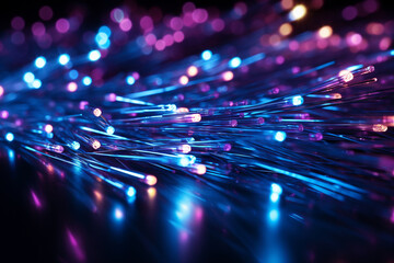 Fiber optical network cable close up with bokeh light background
