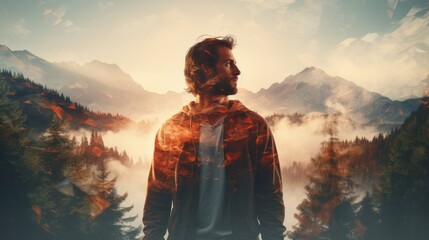 Obraz premium Double exposure photography of close up traveller and the tranquil forest, nature, adventure, forest, man, hiking, backpack, young, lifestyle, tourist, outdoors.