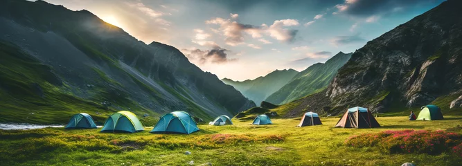 Keuken spatwand met foto Summer forest or mountain tourist campground or campsite with tents. Summer backpackers camping background. banner with copy space. wide banner. © Andrey_Lobachev