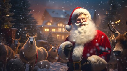Smiling Santa Claus, surrounded by reindeer during a snowfall, ready for Christmas Eve