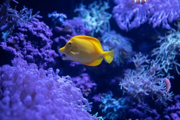 Vibrant yellow Yellow tang fish swimming in a serene aquarium filled with corals
