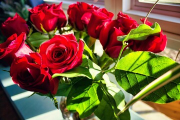 Closeup shot of vibrant bright red roses with leaves in a vase