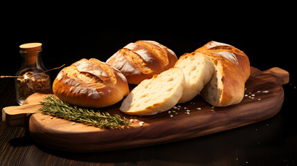 Fresh bread on a wooden plate, food, bread, meal, baked, breakfast, healthy, snack, wheat, loaf, fresh, meat, brown, bakery, white, appetizer, flour, kitchen, eating, dinner, traditional, gourmet