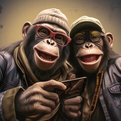 Couple of monkeys taking a selfie with the mobile
