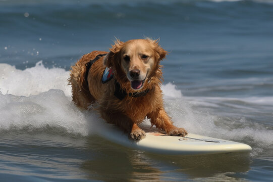  A playful dog riding the waves in an amusing and endearing beach moment. Ai generated