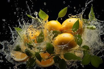 A vibrant and refreshing image capturing the essence of sliced lemon fruits in a motion water splash. Ai generated