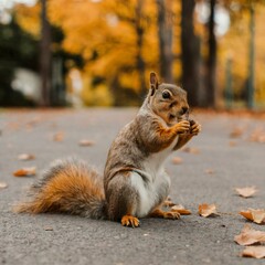 Naklejka na ściany i meble Squirrel sits on the asphalt in an autumn park and waits for a nut