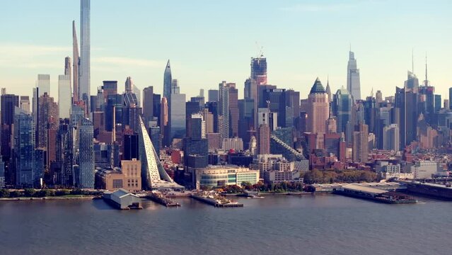 Aerial video Hells Kitchen New York pier docks