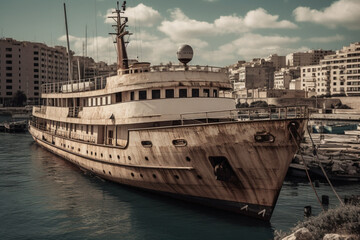 Fototapeta premium Rusty damaged old yacht anchored in the port. Ai generated