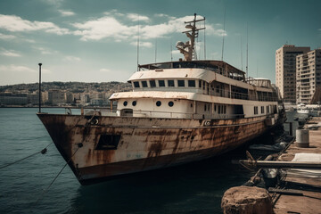 Rusty damaged old yacht anchored in the port. Ai generated