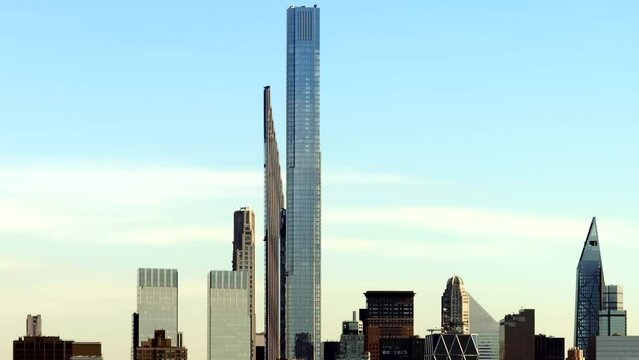 Aerial video tallest buildings skyscrapers in New York Central Park Tower and 111 West 57th Luxury Condominiums