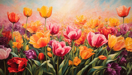 A field of tulips in watercolor