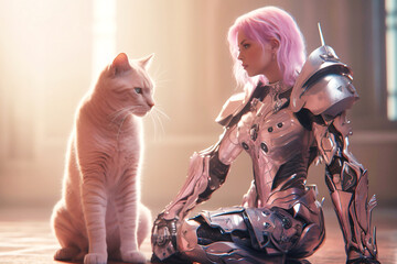 a pink cat and a woman with pink hair