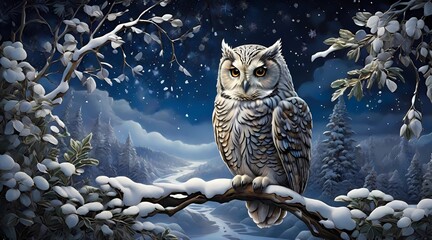 beautiful landscape with owls in a snowy tree, adorable owl in winter, winter and christmas wallpaper, cute owl in snowy night at christmas