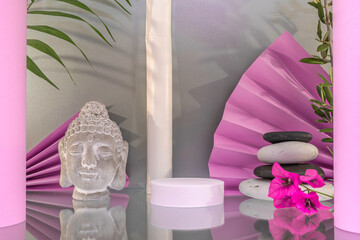 Arrière plan gris et rose avec présentoir pour des produits avec un rendu 3 D. Plate-forme vide avec podium pour cosmétique, bijoux, maquette ou autres objets.	