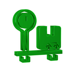 Green Scale with cardboard box icon isolated on transparent background. Logistic and delivery. Weight of delivery package on a scale.