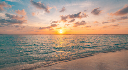 Closeup sea sand beach. Beautiful panoramic landscape. Inspire tropical seascape horizon. Peace...