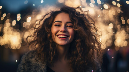 Curly-haired woman with a gleaming smile is captured in a festive evening atmosphere with sparklers and shimmering bokeh lights in the background. - obrazy, fototapety, plakaty