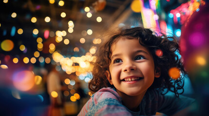 A joyful young girl with curly hair and a radiant smile is surrounded by floating golden confetti against a vibrant bokeh background.