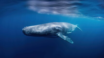 Majestic humpback whale swimming gracefully underwater in the depths of the ocean