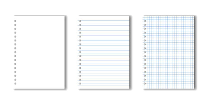 Blank paper, lined paper and square paper with holes on transparent background.