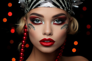 Fototapeta premium Close-up portrait of blonde beautiful woman in red black and white intense make up and Christmas theme hat