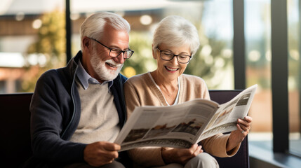 Senior couple sharing a moment of joy while reading a newspaper together - obrazy, fototapety, plakaty