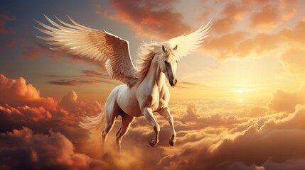 Obraz na płótnie Canvas Flying Pegasus Soaring Gracefully Through the Heavenly Skies. A Majestic Winged White Horse Soaring Through the Celestial Sky. A white horse with wings flying through the sky