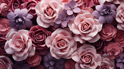 Fototapeta premium Paper flowers wall background with amazing roses. High quality. 