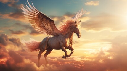 Flying Pegasus Soaring Gracefully Through the Heavenly Skies. A Majestic Winged White Horse Soaring Through the Celestial Sky. A white horse with wings flying through the sky