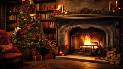 Fototapeta na wymiar A beautifully decorated living room is illuminated by the warm glow of a fireplace, adorned with festive Christmas decorations,