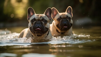 French bulldogs are swimming in a lake - obrazy, fototapety, plakaty