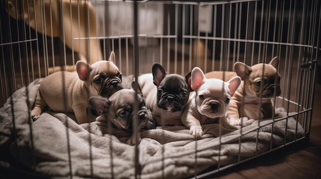 Group of multiple french bulldog puppies in a dog crate