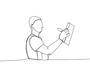 Puttying walls, leveling walls, worker in uniform, spatula, Steel Trowel, painter-plasterer one line art. Continuous line drawing of repair, professional, hand, people, concept, support, maintenance.
