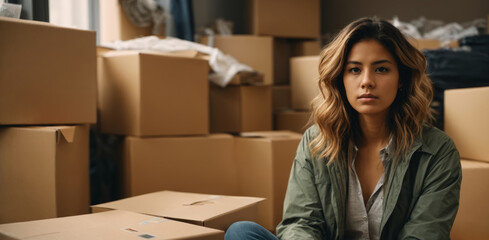 A woman who has been let go sits amidst cardboard boxes containing her belongings, portraying a saddened individual in the midst of a relocation. - obrazy, fototapety, plakaty