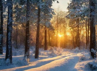 Snowy forest in winter at golden sunset. Colorful landscape with pine trees in snow, orange sky in evening. Snowfall in woods. Wintry woodland. Snow covered mountain forest at dusk.