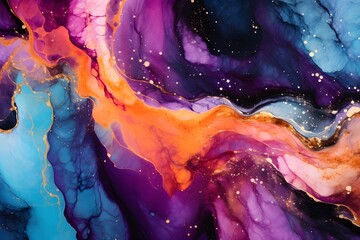 Abstract marble marbled ink painted painting texture luxury background.Purple,orange blue and gold...
