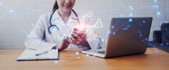 Doctor using mobile phone diagnosing patient blood DNA sample for disease, technology display assistance holographic AI, healthcare medical staff in hospital treating ill people, health examine